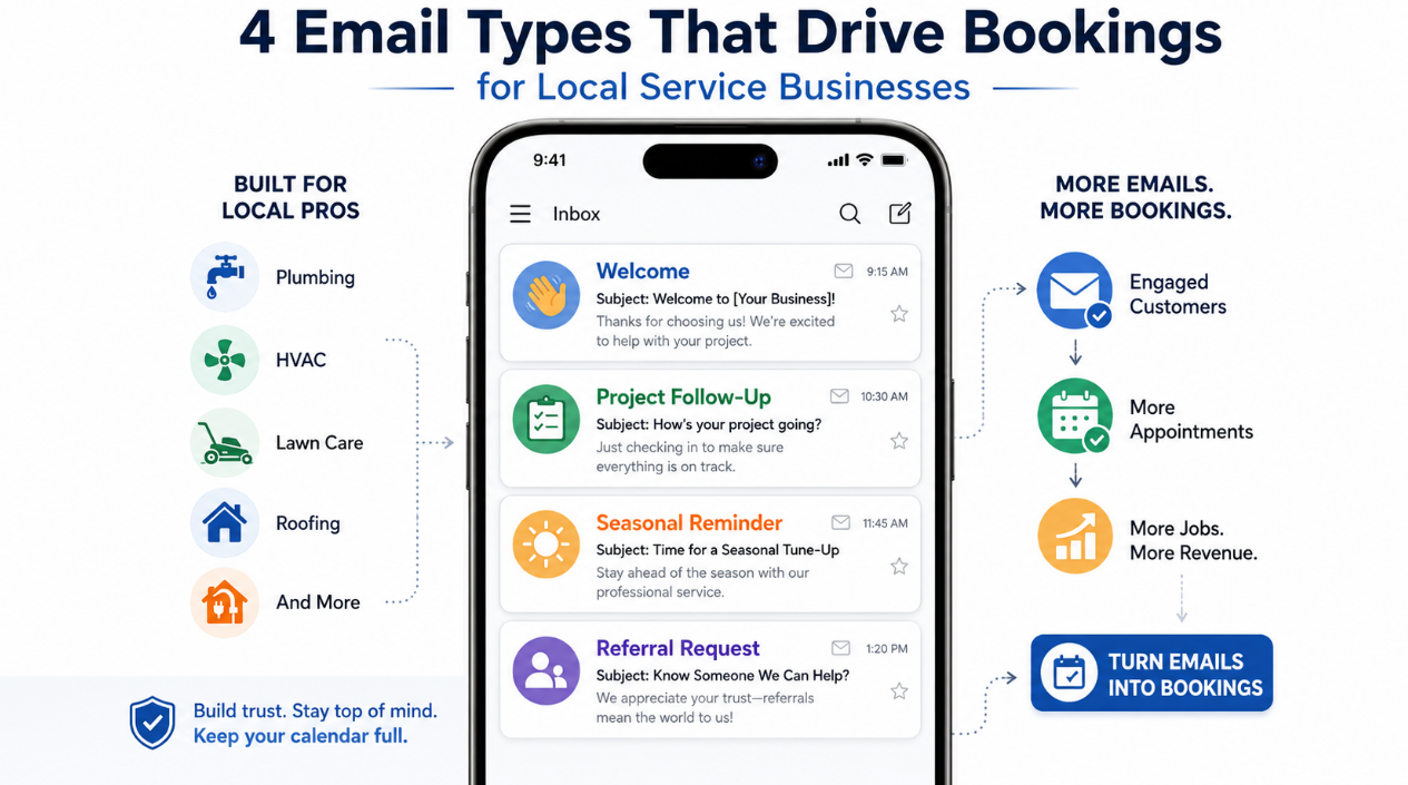 Four email templates shown on a phone screen labeled welcome, project follow-up, seasonal reminder, and referral request, illustrating the email types that drive bookings for local service businesses.