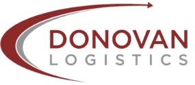 Donovan Logistics logo with maroon swoosh and text on white background