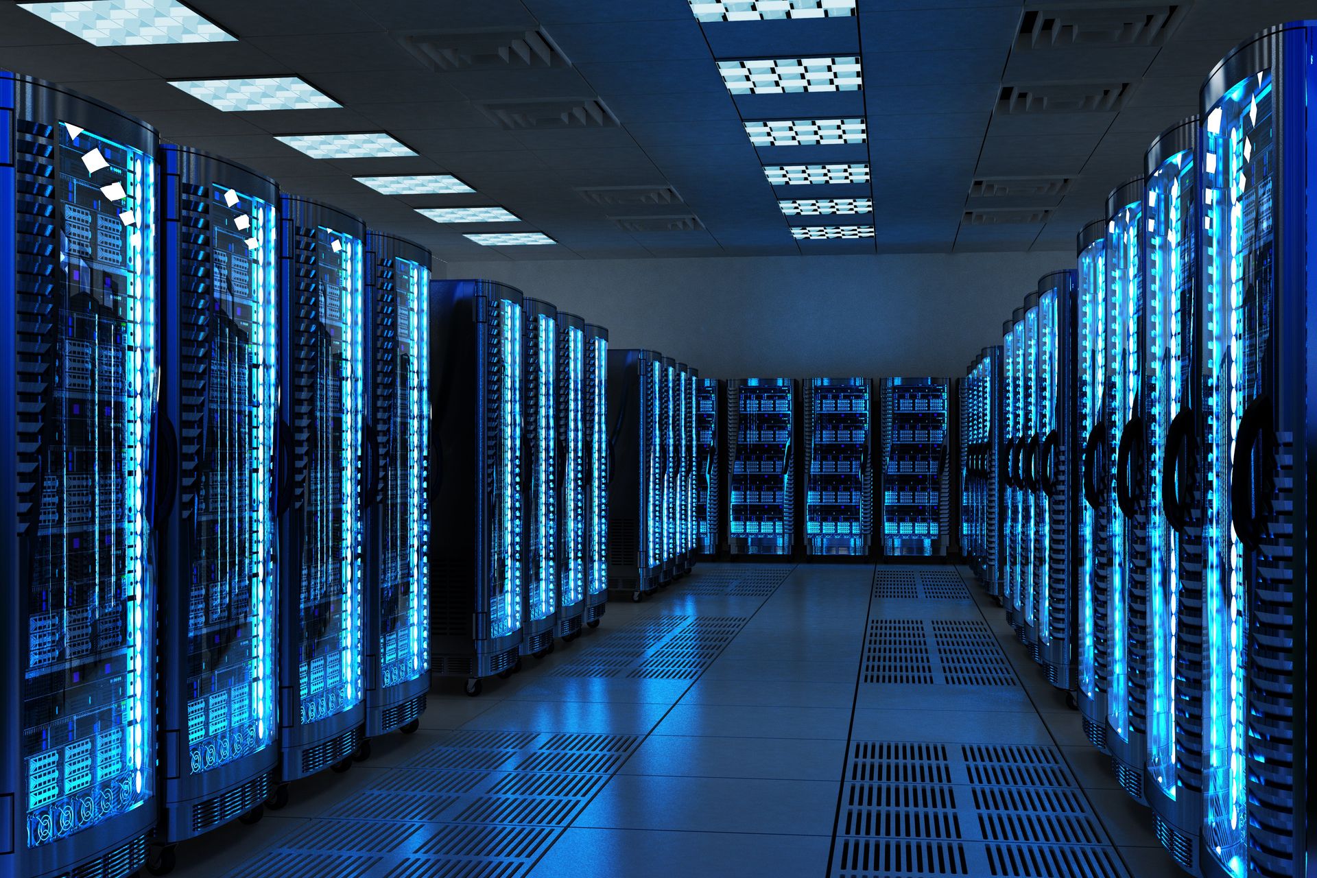 Blue-lit data center aisle with rows of server racks and glowing equipment