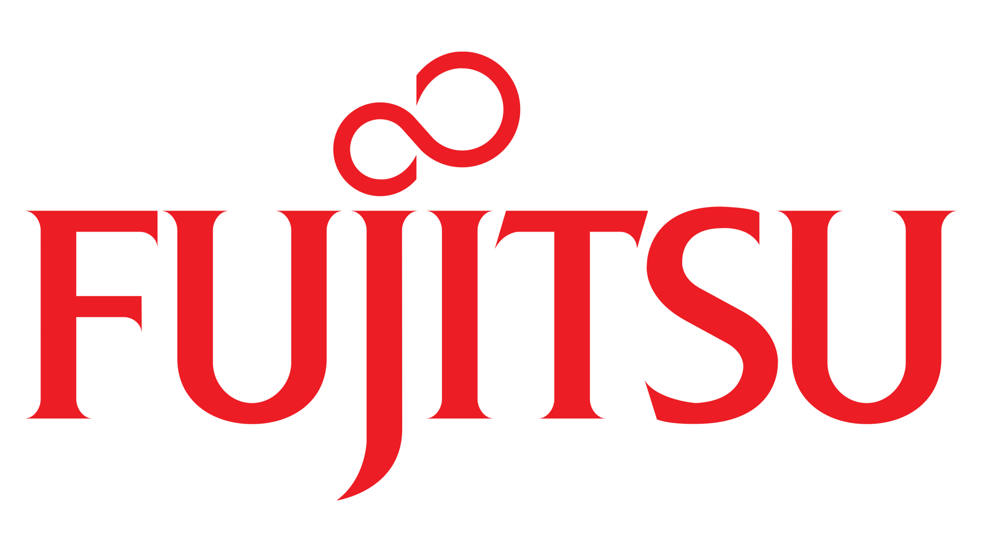 Logo Fujitsu : Texte « FUJITSU » rouge avec un symbole de l’infini rouge au-dessus du « J ».