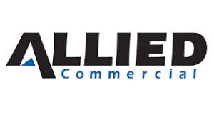 Logo pour Allied Commercial, texte noir avec accents bleus et un triangle bleu stylisé.