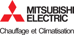 Logo Mitsubishi Electric avec un logo en forme de losange rouge et le texte « Mitsubishi Electric Chauffage et Climatisation ».