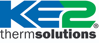 Logo de KE2 thermsolutions en bleu et vert.