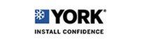 Logo York : icône de flocon de neige dans un carré bleu, texte noir « YORK », slogan « INSTALL CONFIDENCE ».