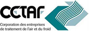 Logo for CCTAR, Corporation des entreprises de traitement de l'air et du froid. Black text with a teal and grey design.