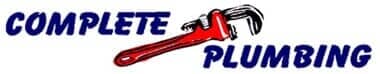 A logo for complete plumbing with a red wrench and hammer.