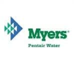 The logo for myers pentair water is blue and green.