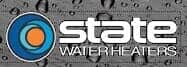 The state water heaters logo is on a gray background with water drops.