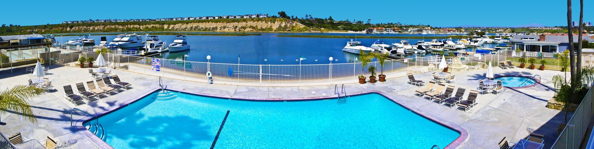 View from second story of the community room of the pool, spa and Bayside Village Marina