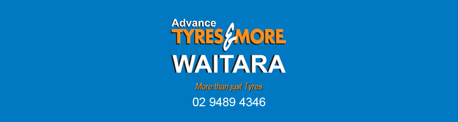 Logo for Advance Tyres & More, Waitara, with phone number 02 9480 4348 on a blue background.