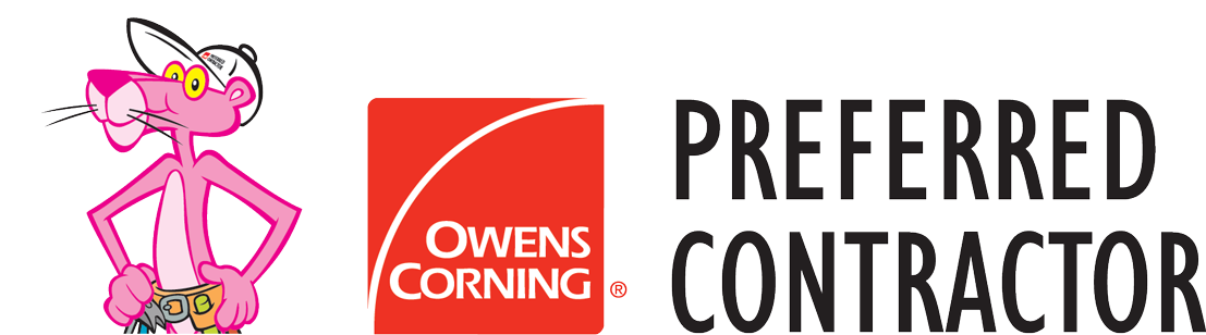 The Pink Panther stands next to a red Owens Corning logo and the words Preferred Contractor.