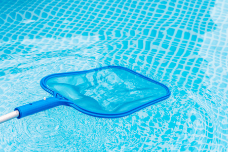 Picture of blue pool net floating on top of water.