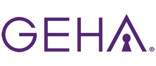 The geha logo is purple and has a keyhole in the middle.