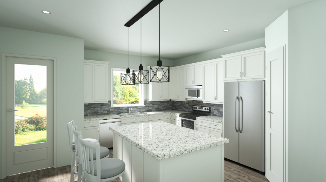 A kitchen with white cabinets , granite counter tops , stainless steel — Naples, FL — Genuine Home Builders, Inc.