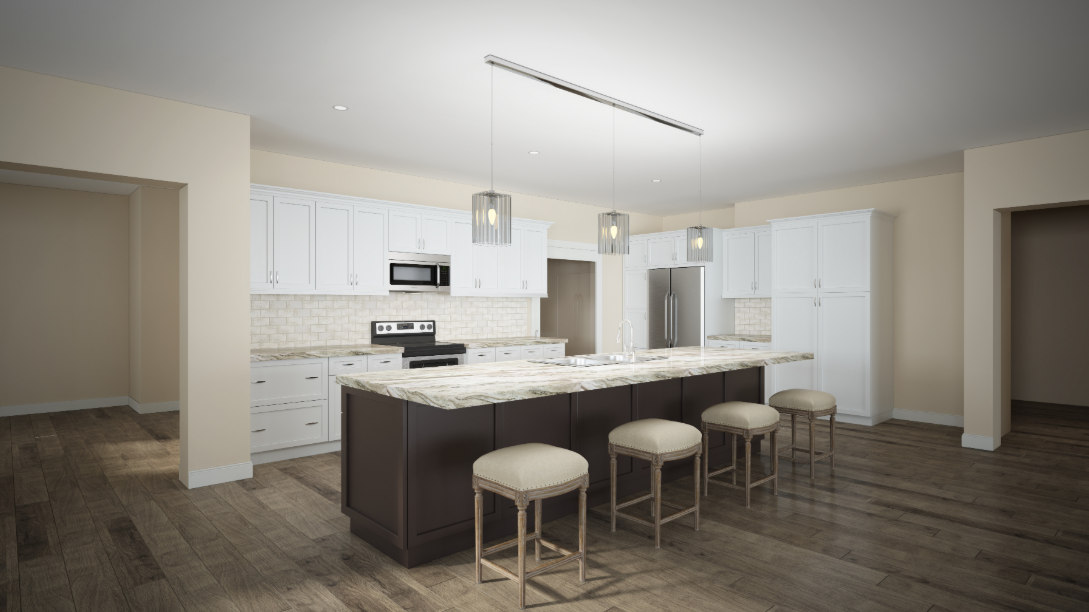 A kitchen with a large island and stools — Naples, FL — Genuine Home Builders, Inc.