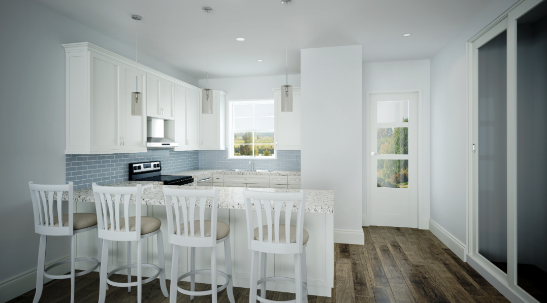 A kitchen with white cabinets and stools and a large island — Naples, FL — Genuine Home Builders, Inc.