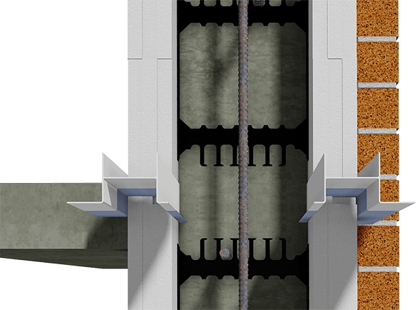 Cross-section of a reinforced concrete column, showing rebar, insulation, and brick wall interface.