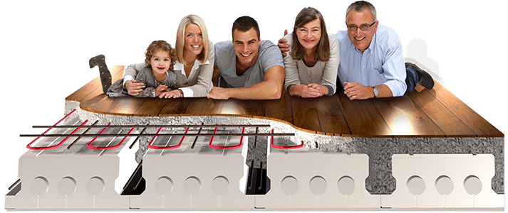 A family lies on a hardwood floor, which is sectioned to show floor heating system.