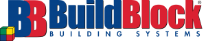 Logo for BuildBlock Building Systems: blue and red text over a colorful block, 