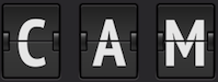 Three flipboard panels showing the letters C, A, and M, spelling 