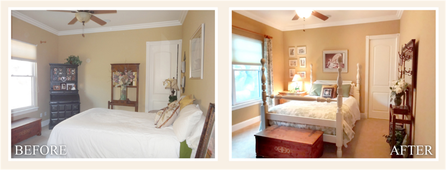 Bedroom before and after a makeover. The before has a dark cabinet and the after has a white bed.