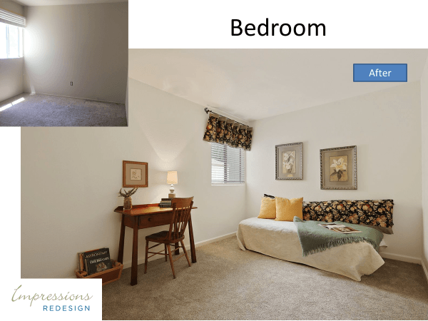 Bedroom before/after remodel: light-filled room with desk, daybed, and artwork, showcasing the transformation.