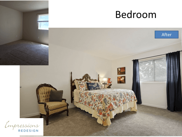 Bedroom remodel before and after: empty space vs. furnished bedroom with bed, chair, and curtains.
