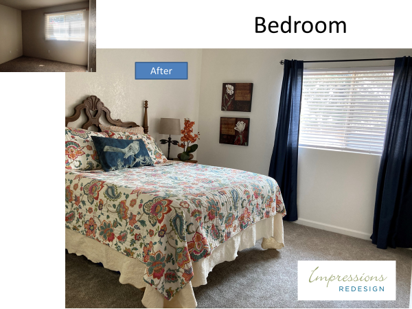 Bedroom redesign: floral bedspread, blue curtains, two framed artworks. Light walls and blinds.
