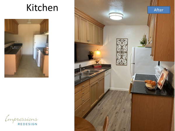 Kitchen remodel: Before/after view. New cabinets, countertops, and flooring. Bright, updated space.