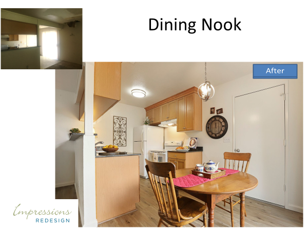 Before and after renovation of a dining nook with wooden table and chairs, kitchen cabinets.