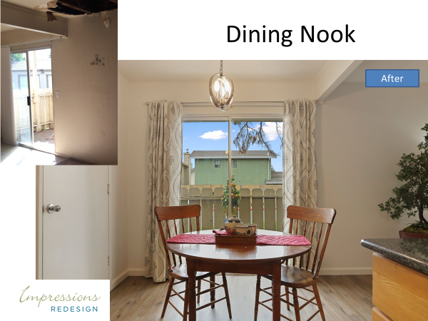 Dining nook: Before and after. Light-filled space with table and chairs. White curtains, small bonsai, and a view.