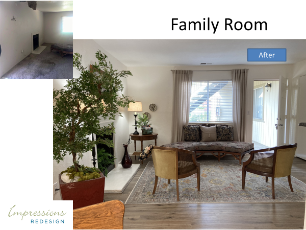 Family room remodel before and after. New flooring, furniture, and window treatments in a bright, inviting space.