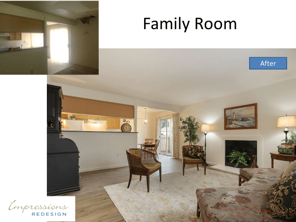 Before-and-after of a family room renovation: old view and bright new space with fireplace, furniture, and greenery.