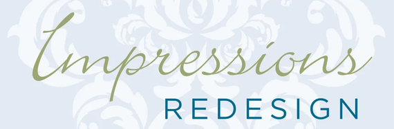 Impressions Redesign logo on a pale floral background with green script and blue sans-serif text