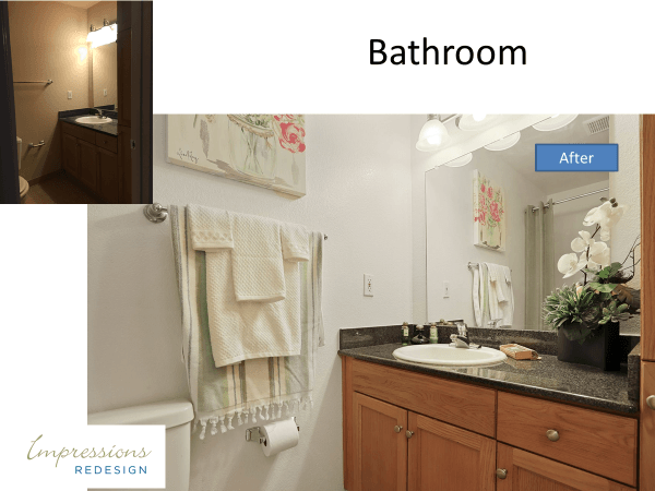 Before and after bathroom renovation. The after image shows a new vanity, decor, and brighter lighting.