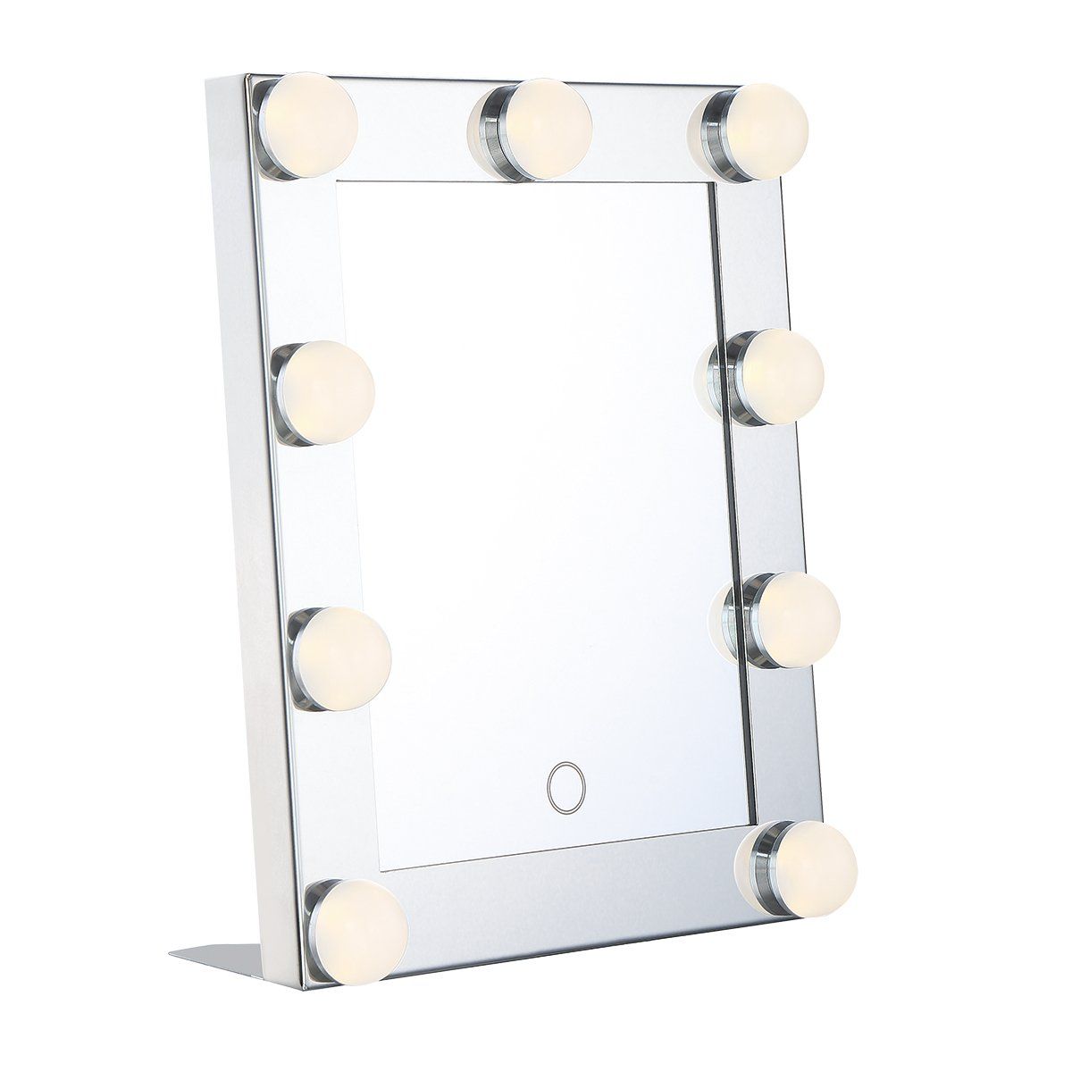 Vanity mirror with white frame, large central mirror, and eight surrounding light bulbs.