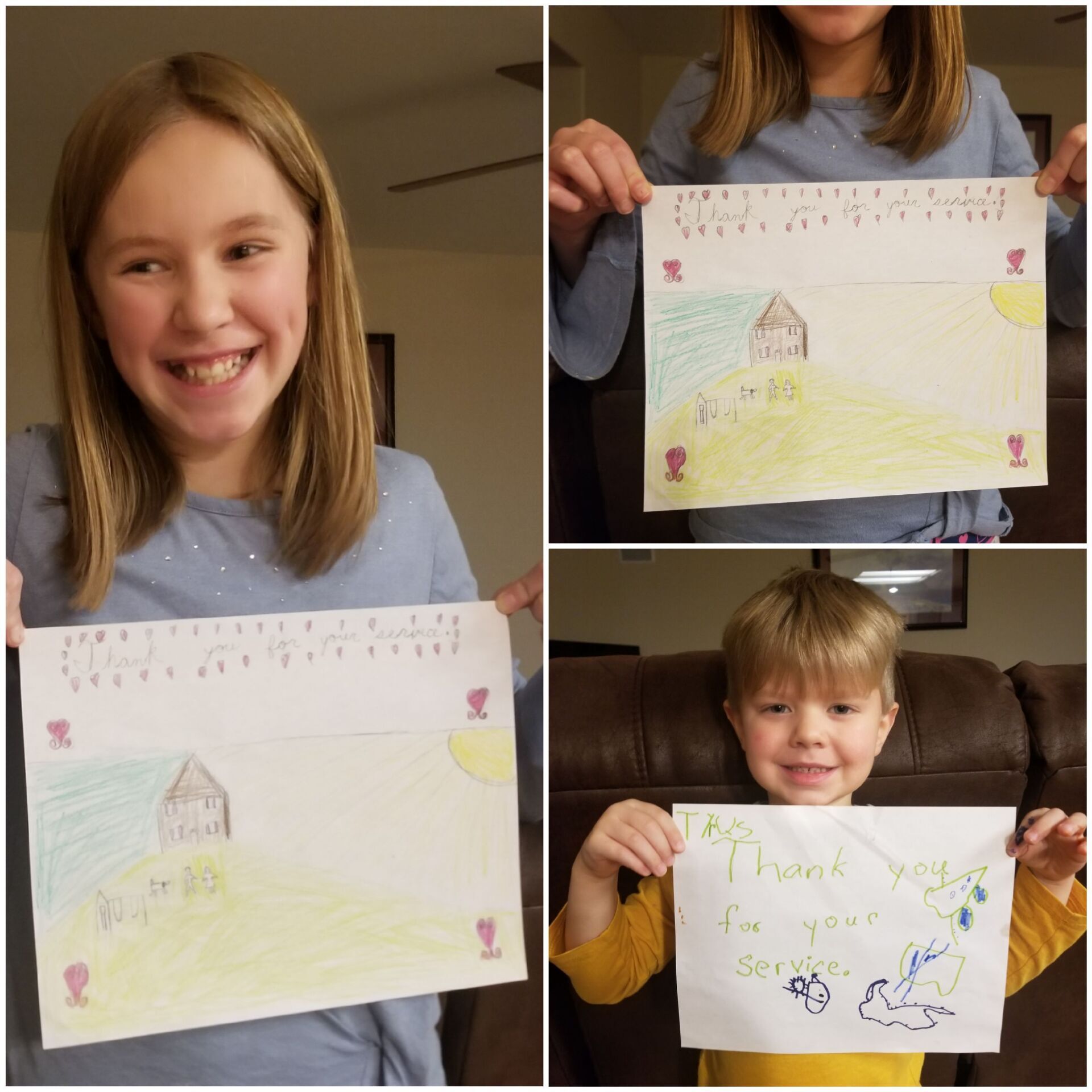 Three children holding handmade cards. Two have drawings of houses and the top reads “Thank you” while the third says “Thank you for your service”.
