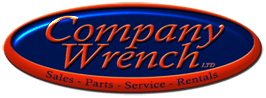 A blue and red logo for company wrench sales parts service rentals