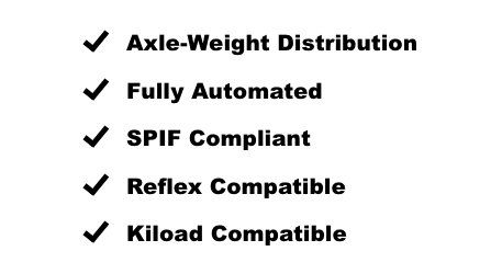 A list of axle-weight distribution features including fully automated , spif compliant , reflex compatible , and kiload compatible