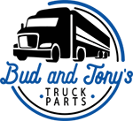 A logo for bud and tony 's truck parts with a bus on it.
