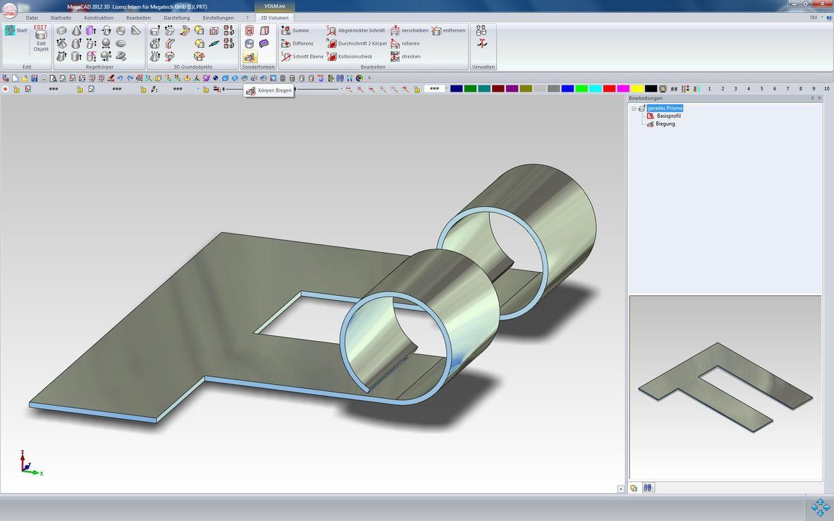 Ein Computerbildschirm zeigt ein 3D-Modell eines Metallstücks; MegaCAD