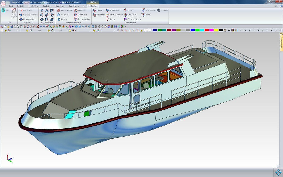 Ein Computerbildschirm zeigt ein 3D-Modell eines Bootes; MegaCAD