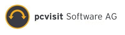 Ein Logo der pcvisit software ag mit einem gelben Pfeil in einem Kreis.
