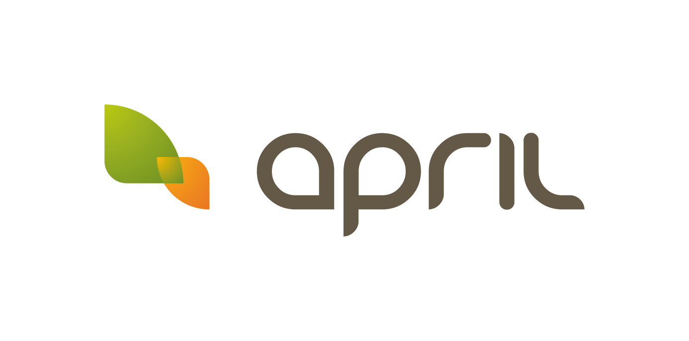 A logo for april with two green leaves on a white background.