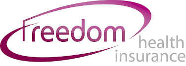The logo for freedom health insurance is purple and white.