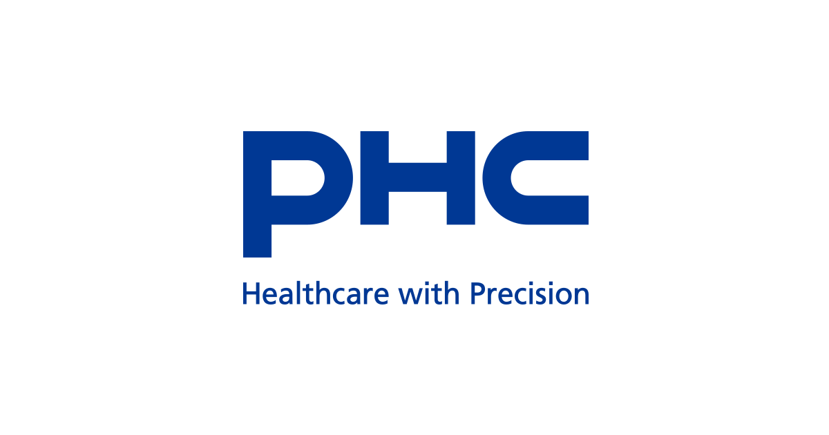 The logo for phc healthcare with precision is blue and white.