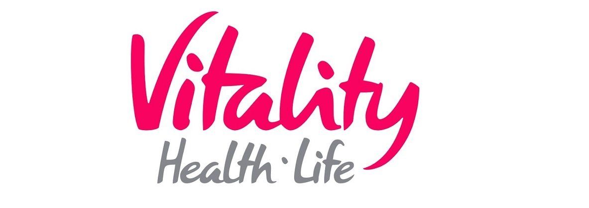 The vitality health life logo is red and white on a white background.