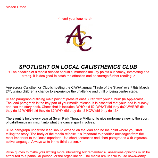 Calisthenics Media Release Template Documnet