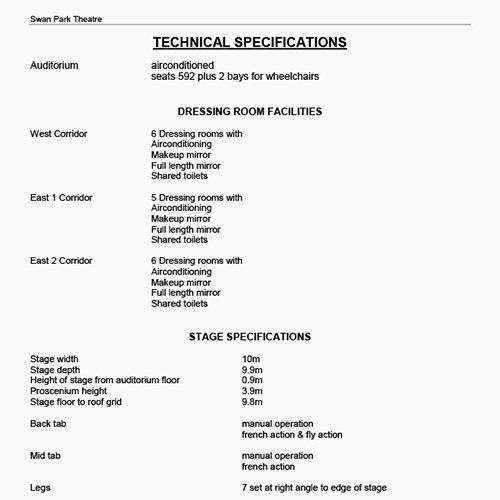 Calisthenics WA Swan Park Theatre Technical Specifications