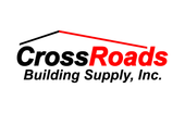 The logo for crossroads building supply , inc. is red and black with a red roof.